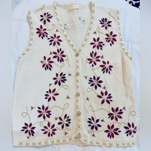 Vintage Ugly Christmas Sweater Vest Beaded Grandma Poinsettia Embroidered